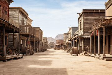 empty street in an old wild west town with wooden buildings