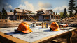 Building a Dream Home: Blueprint, Yellow Helmet, and Construction Site in the Background