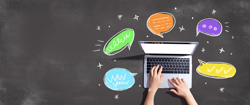 Speech bubbles and a laptop computer