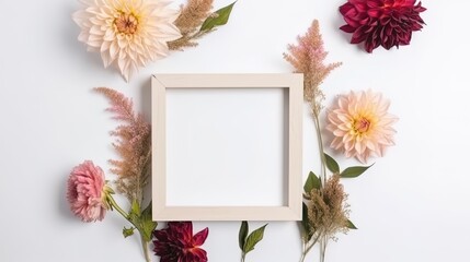 Wall Mural - Mockup of picture frame decorated with spring flowers clean space for text on white background