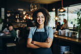 Fototapeta  - portrait of a smiling girl in a cafe, small business owner