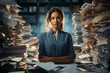 Portrait of young clerk girl working in office with piles of papers