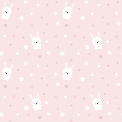 Wall Mural - Cute baby print with rabbits and flowers. Seamless bunny pattern