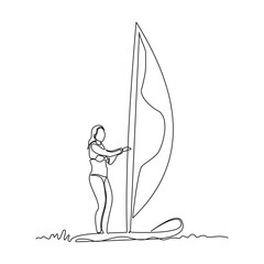 Canvas Print - Continuous single line sketch drawing of professional windsurfing athlete woman ride surfboard on ocean wave. One line art of extreme sport and summer holiday vacation vector illustration