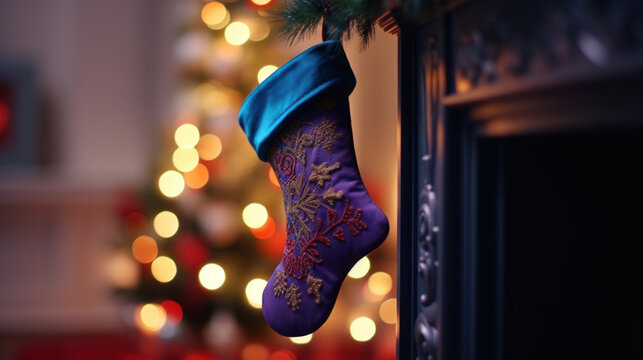 Christmas sock on the background of a Christmas tree with a garland