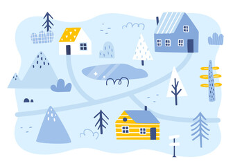 Wall Mural - scandinavian winter map for kids carpet. vector print with nordic landscape with houses and trees.