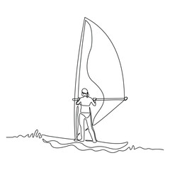 Wall Mural - Continuous single line sketch drawing of professional windsurfing athlete woman ride surfboard on ocean wave. One line art of extreme sport and summer holiday vacation vector illustration