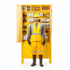 Wall Mural - Full length portrait of a smiling electrician engineer. Worker safety uniform man isolated on.