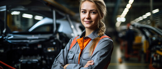 Wall Mural - Female engineer worker in automotive factory, with blurred car manufacturing process, assembly line production, woman technician at conveyor, auto industry technology in the background