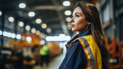 Canvas Print - Female engineer worker in automotive factory, with blurred car manufacturing process, assembly line production, woman technician at conveyor, auto industry technology in the background