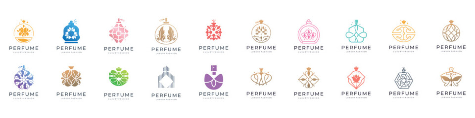 Wall Mural - luxury bottle perfume logo template set design template.symbol for cosmetic beauty salon, product, skin care.