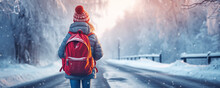 Girl with red backpack going alone along street in snowfall.