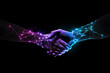 © twindesigner - Intricate Handshake of Glowing Teck Lines and Dots, Symbolizing Connectivity and Innovation on a Cosmic Dark Background. Ai generated