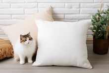 Blank White Pillow Case Design Mockup With Cat, Clear Pillowslip Cover Mock Up Template.