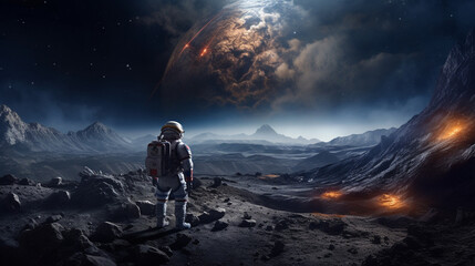Wall Mural - amazed astronaut on a planet surface watches another planet. astronaut navigating alien landscapes, 