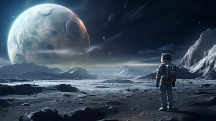 Wall Mural - amazed astronaut on a planet surface watches another planet. astronaut navigating alien landscapes, 