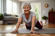 Mature woman staying fit at home, engaging in health-promoting exercise and stretching