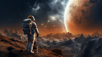 Wall Mural - amazed astronaut on a planet surface watches another planet. astronaut navigating alien landscapes, 