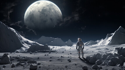Wall Mural - amazed astronaut on a planet surface watches another planet. astronaut navigating alien landscapes, 
