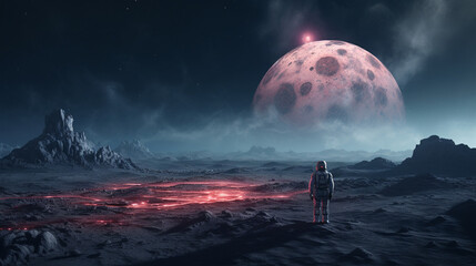 Wall Mural - amazed astronaut on a planet surface watches another planet. astronaut navigating alien landscapes, 