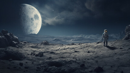 Wall Mural - amazed astronaut on a planet surface watches another planet. astronaut navigating alien landscapes, 