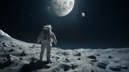 Wall Mural - amazed astronaut on a planet surface watches another planet. astronaut navigating alien landscapes, 