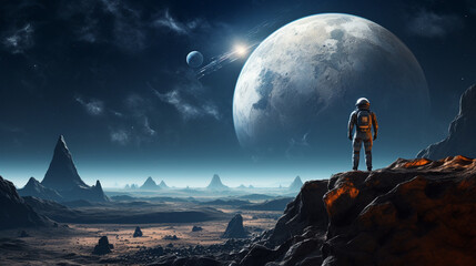 Wall Mural - amazed astronaut on a planet surface watches another planet. astronaut navigating alien landscapes, 