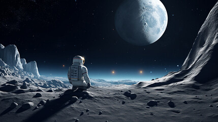 Wall Mural - amazed astronaut on a planet surface watches another planet. astronaut navigating alien landscapes, 