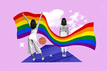 Wall Mural - Collage image of two black white effect girls rainbow lgbt flat clouds sky stars isolated on creative pink background