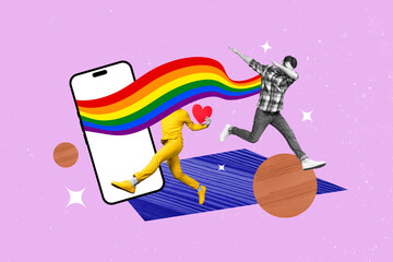 Poster - Artwork collage image of two mini black white effect people jump run dabbing hold like heart symbol big smart phone display rainbow flag