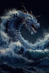 Wall Mural - Blue water chinese dragon in the ocean waves on a dark background, oriental style illustration, Year of the Dragon, vertical, Generative AI