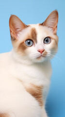 cute little kitten with blue eyes and pretty markings on face, blue background