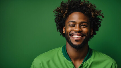 Wall Mural - african american young man with curly hairstyle, smiling and laughing, wearing bright green clothes at bright solid green background