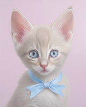Gorgeous Drawn Style Image Of A Young Grey Kitten Wearing A Blue Neck Bow Against A Pink Background