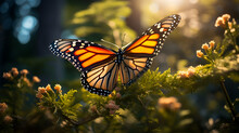 Βutterfly On Flower Closeup, Springtime, Spring Nature, Wild Flowers Field. Generative AI,A Close-up View Of A Monarch Butterfly's Proboscis, Delicately Extended To Sip Nectar From A Wildflower, Revea