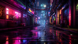 Fototapeta Londyn - Rain Soaked Street at Night with Neon Light Reflections, Tokyo City by Night, city street fog at night time with colorful light and graffiti wall, Photo of a city street illuminated by red lights at

