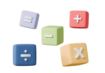 Poster - 3D Mathematic dice, Mathematic learning education concept. floating on pink background. basic math operation colorful symbols math, plus, minus, multiplication, number divide. 3d render illustration.