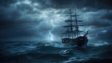 Pirate Ghost Ship In The Ocean At Night In The Storm