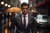 Fototapeta Londyn - Businessman wearing Suit in Rainy City