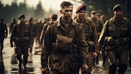 Wall Mural - a group of men in military uniforms walking down a road