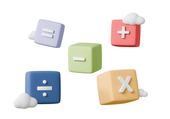 Poster - 3D Mathematic cloud, Mathematic learning education concept. floating on pink background. basic math operation colorful symbols math, plus, minus, multiplication, number divide. 3d render illustration.