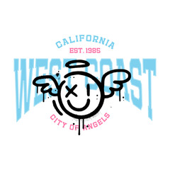 Wall Mural - California West coast vintage college typography for city of angels. Collage with urban graffiti Angel emoji. Vector illustration design for fashion graphics, t shirts, prints, posters, gifts.