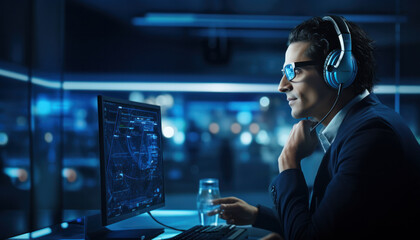 Poster - Man with headphones working at office late night
