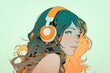 ヘッドフォンで音楽を聴くアニメ風の女の子　AI生成画像