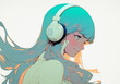 ヘッドフォンで音楽を聴くアニメ風の女の子　AI生成画像