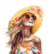 Blonde woman smiling happily in summer dress, summer travel concept