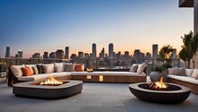 An Expansive Outdoor Terrace With Stylish Lounge Furniture, A Fire Pit, And Breathtaking City Skyline Views

