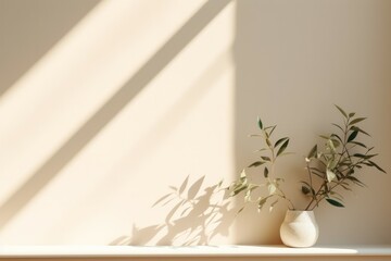 Wall Mural - Minimalistic abstract gentle light beige background for product presentation with light andand intricate shadow from the window and vegetation on wall.