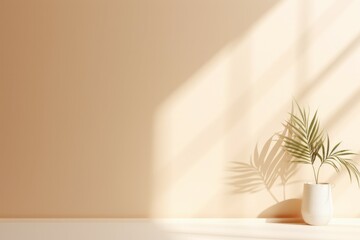 Wall Mural - Minimalistic abstract gentle light beige background for product presentation with light andand intricate shadow from the window and vegetation on wall.