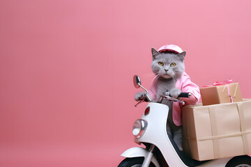 Wall Mural - Cute cat posing in delivery man on scooter on pastel background.